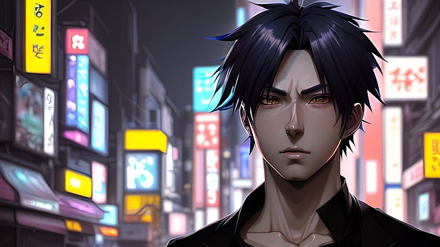 breathtaking portrait of a anime male character in a tokyo dark street