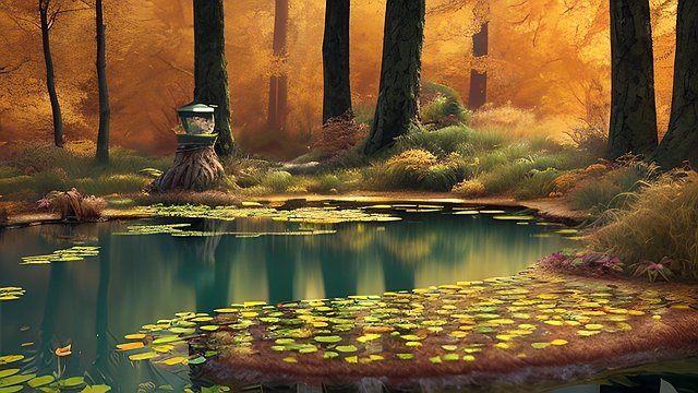 award winning shot of a cute little pond in a autumn forest  intricate realistic details  amazing atmosphere