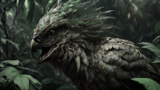 breathtaking portrait of a mesmerizing creepy bird in a dark jungle  intricate realistic details