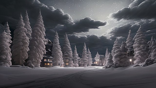 award winning night shot of a snowy landscape  high contrast  intricate realistic details  breathtaking clouds