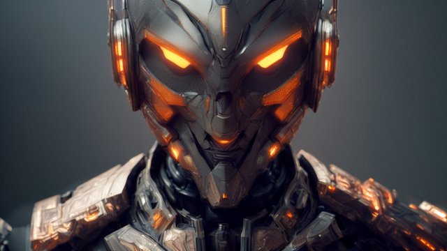 breathtaking portrait of a humanoid armored robot, dark background, intricate details