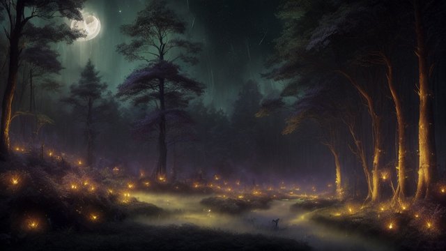breathtaking forest with fireflies under the moonlit sky  thoughts wander like fireflies