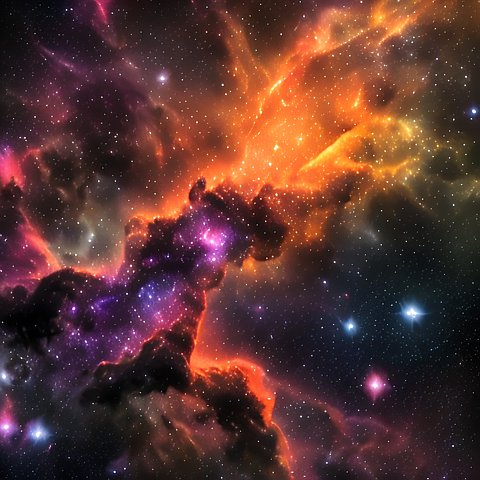 amazing colorful orange large nebulae  high contrast  starry sky  dark  black
