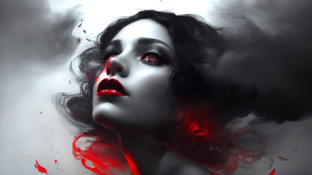 portrait of a woman in a dark cloud  black ink  red lips  intricate details