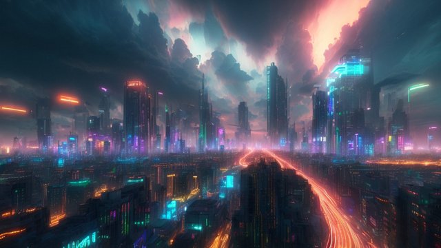 mesmerizing ultrarealistic photo of a modern city at night  neon  intricate realistic details  amazing clouds