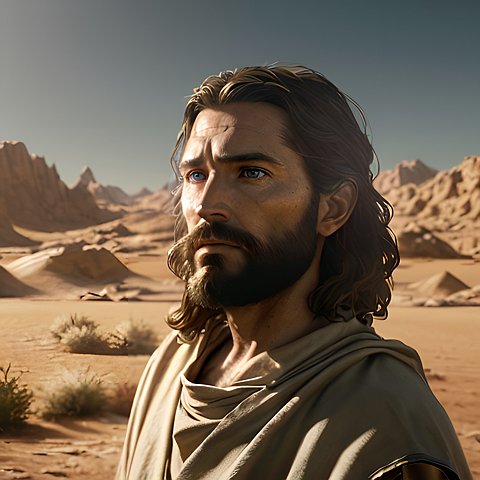 close photorealistic movie shot portrait of jesus christ in the desert