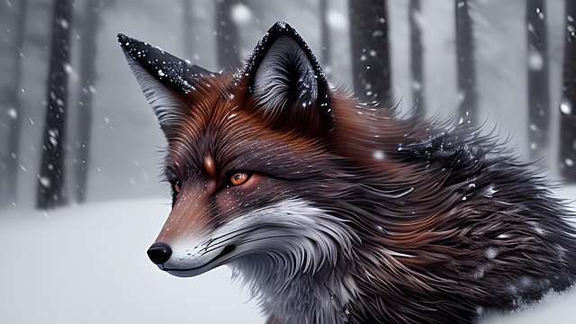 4k breathtaking photo of a dark brown fox in snowy forest mountains  blizzard  intricate realistic details