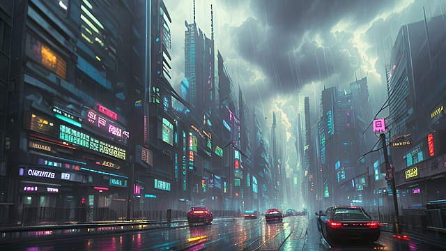award winning photo of a cyberpunk city under rain, intricate realistic details, breathtaking clouds
