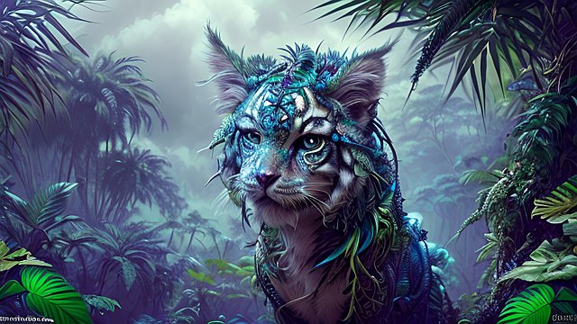 award winning portrait painting mesmerizing creature in a fantasy jungle  intricate realistic details  amazing clouds