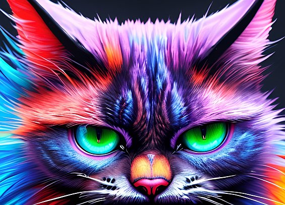 insane angry mad cat  colorful beautiful  dark background  award winning colorful painting