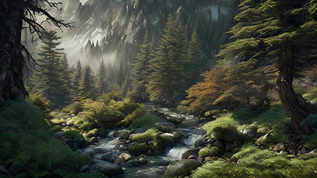 4k breathtaking photo of mountain forests  intricate realistic details