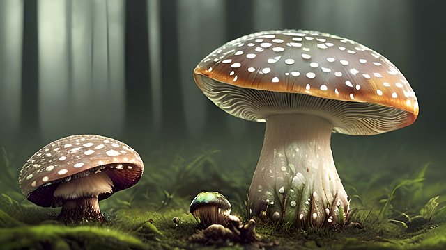 award winning photo of a mesmerizing small amanita mushroom in a forest, intricate realistic details, amazing clouds