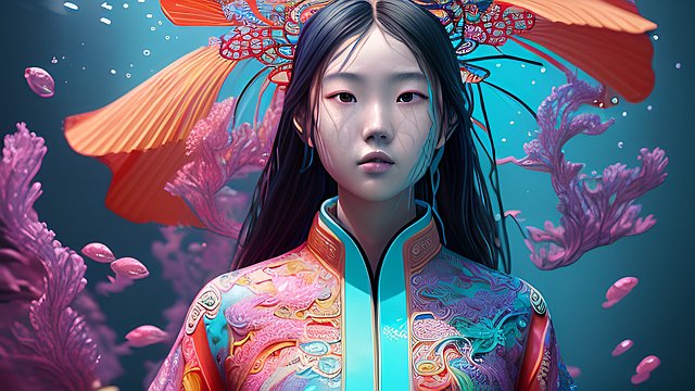 breathtaking colorful portrait of a chinese girl thinking underwater  intricate details