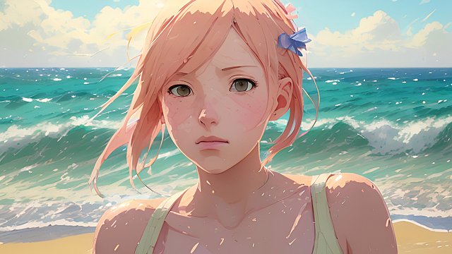 portrait of anime girl on beach during summer  soft anime style  slice of life