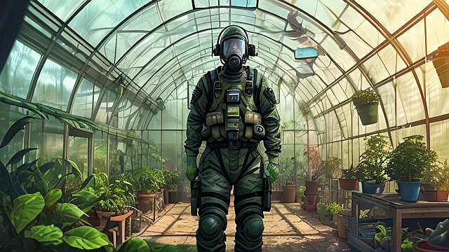 CBRN defense worker in a greenhouse