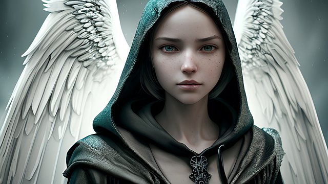 the most breathtaking award winning amazing 4k uhd detailed fascinating photo of a hooded angel in heaven, intricate realistic details