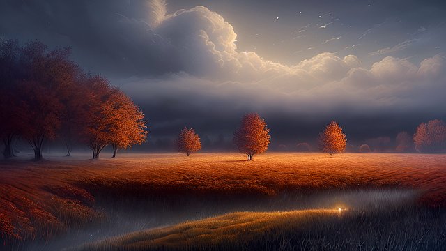 award winning night shot of a autumn countryside  amazing contrast  intricate realistic details  breathtaking clouds