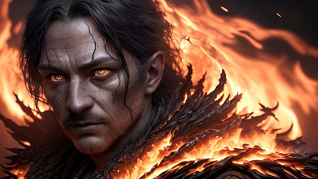award winning photo portrait of a dark fire sorcerer in fire  intricate realistic details  dark mountain