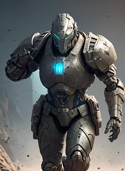 an armored soldier running in the battlefield  futuristic  intricate details