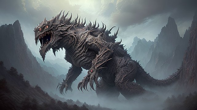 breathtaking painting of a gigantic whimsical monster in mountains  intricate realistic details