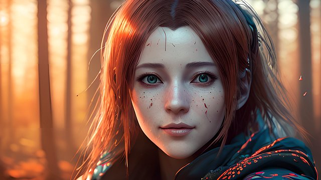 the most breathtaking award winning amazing 4k uhd detailed fascinating anime portrait of happy russian woman in a forest during sunset  intricate realistic details  dark orange shades