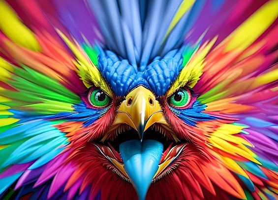 smiling insane angry mad colorful bird  colorful beautiful  dark background  award winning colorful painting