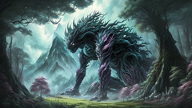 the most breathtaking anime painting of anime monsters in forest mountain  intricate realistic details  dark shades  amazing anime clouds