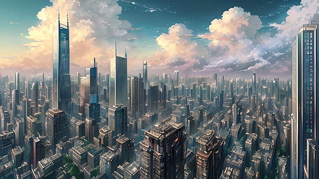 breathtaking anime painting of skyscrapers in an anime or manga style  manga  in the open with astonishing clouds