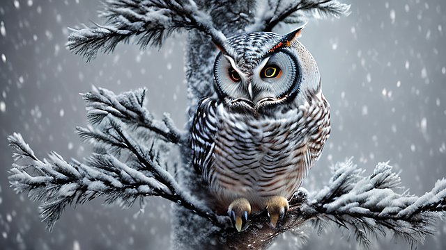 award winning photo of a mesmerizing owl on a tree during a snowy winter night  intricate realistic details