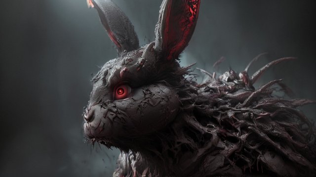 breathtaking portrait of a terrifying horrifying demonic rabbit demon  intricate realistic details  dark shades  dark atmosphere  high contrast