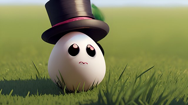 a cute little egg with two eyes with a top hat in grass