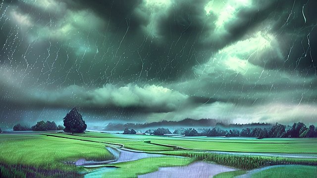 award winning blue and green colors of a the rain in the countryside  intricate realistic details  breathtaking clouds