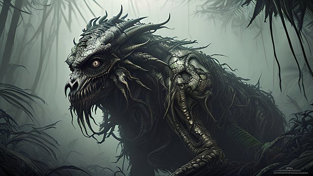 award winning portrait painting mesmerizing dark fantasy creepy animal in a dark jungle  intricate realistic details  amazing clouds