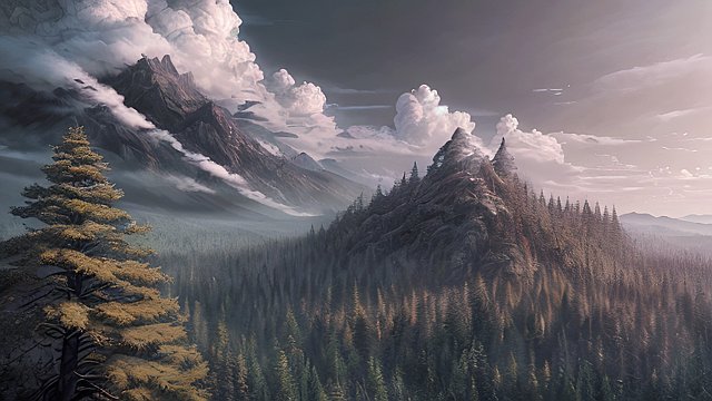 the most breathtaking photo of forest mountain  intricate realistic details  dark shades  amazing anime clouds