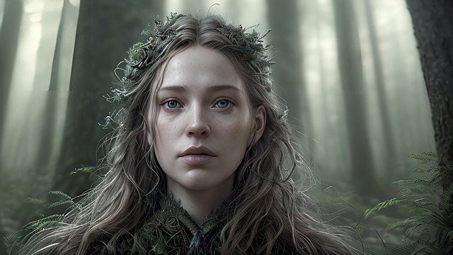 award winning portrait of a person in forest  intricate realistic details  amazing clouds
