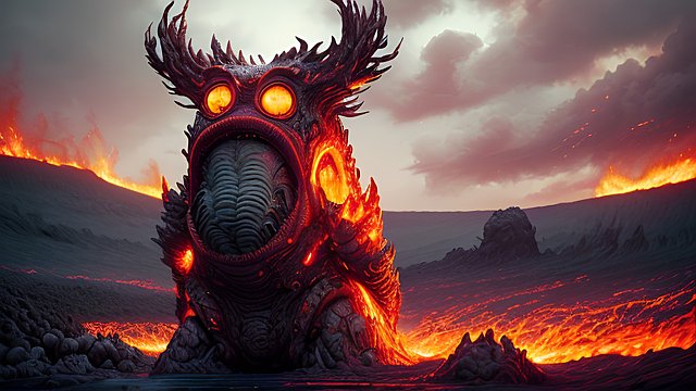 portrait of a breathtaking whimsical monster in a lava field