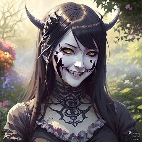smiling anime demon face  dark hairs  in a garden  anime drawing  anime