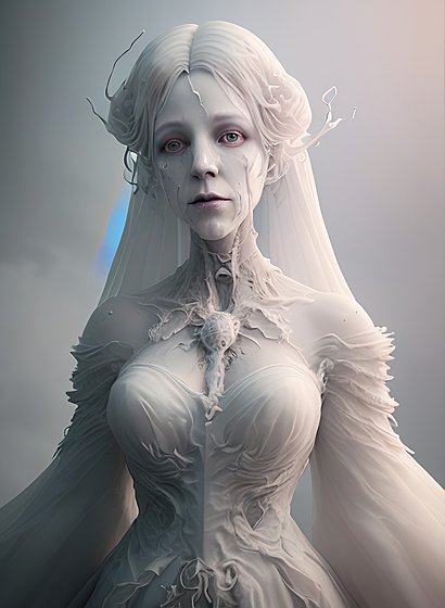 artistic spectral ghost lady floating, spectral shred white dress, epic detailed view