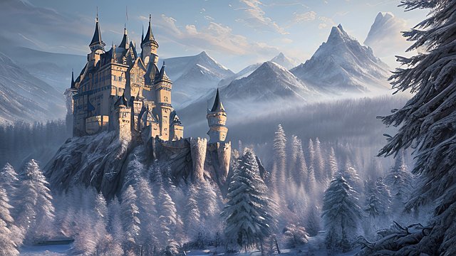 4k breathtaking painting of a castle with mountain forest  snow  intricate realistic details