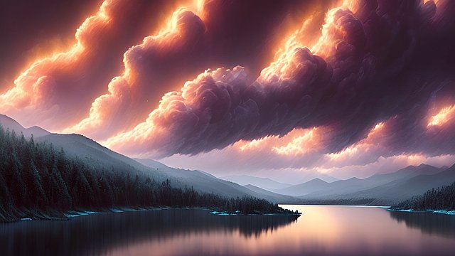 award winning mesmerizing photo of a lake  intricate realistic details  amazing clouds