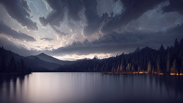 award winning photo of a lake during the night  intricate realistic details  amazing clouds