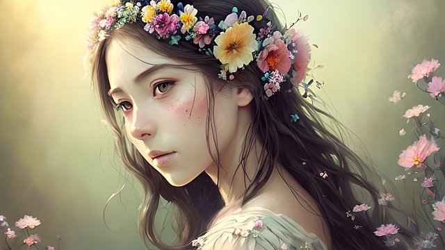 A portrait of a stunning  beautiful woman with flowers in her hair