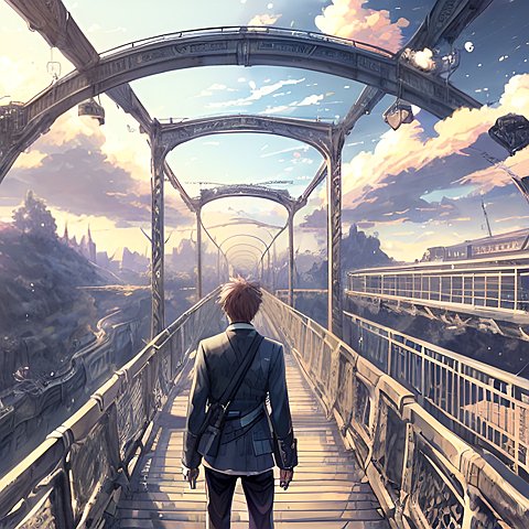 a guy on a bridge  beautiful landscape  anime drawing  anime  clouds