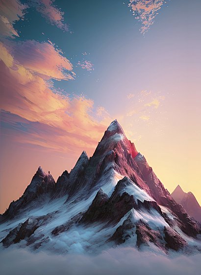 realistic photo of a moutain, colorful clouds, sunset
