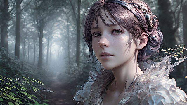 the most breathtaking award winning amazing 4k uhd detailed fascinating anime portrait of happy french woman in a forest, intricate realistic details, dark shades