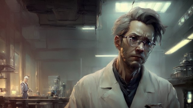 breathtaking modern portrait of an anime male scientist character in a lab