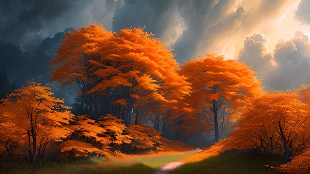 award winning orange colors of a forest, intricate realistic details, breathtaking clouds