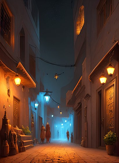 beautiful painting inside a dark morrocan street, amazing lighting