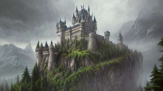 4k breathtaking painting of a castle with mountain forest  sad rain  intricate realistic details