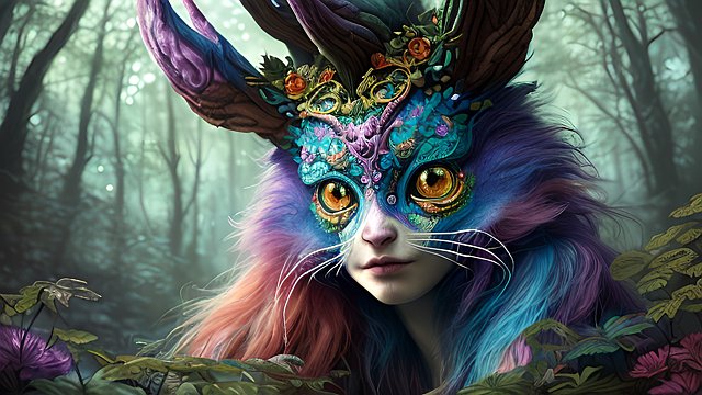 breathtaking colorful portrait of a whimsical creature in a forest  intricate realistic details  dark shades